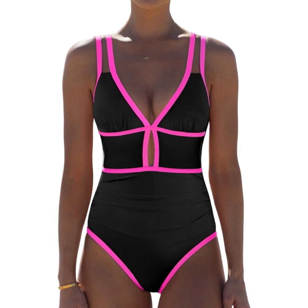 NWT Popvil One Piece Swimsuit Black Pink Neon Trim Cutout Tummy Control XL